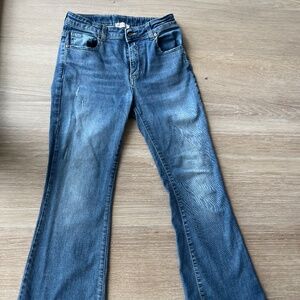 Class denim jeans. Mid rise, flare a little